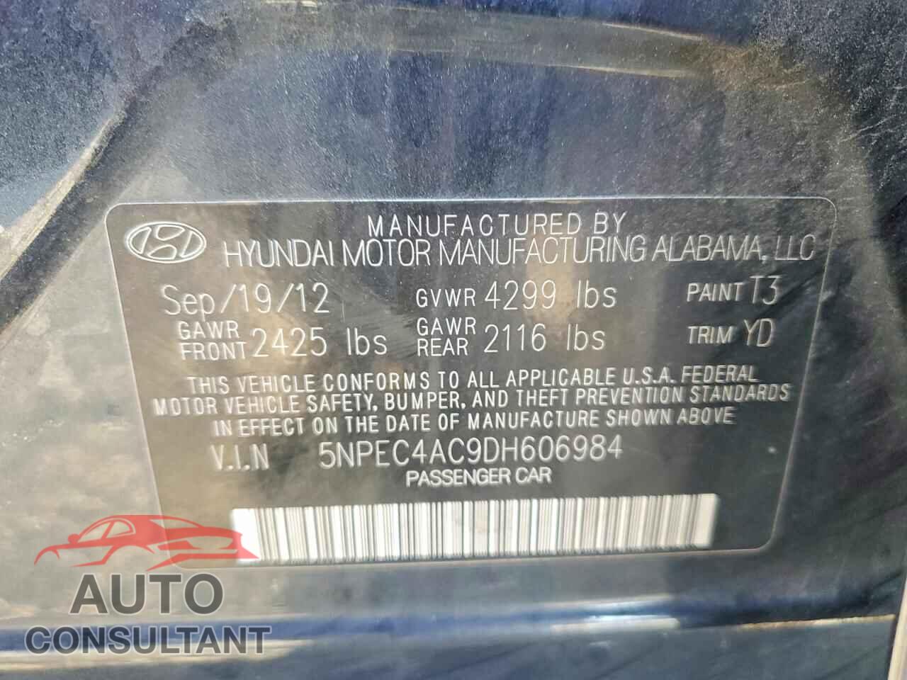 HYUNDAI SONATA 2013 - 5NPEC4AC9DH606984