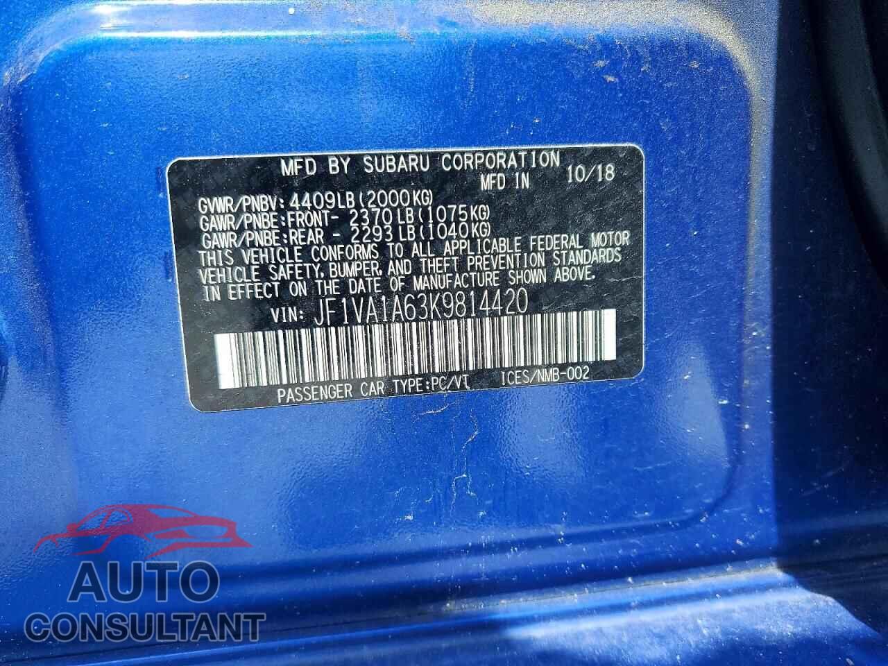 SUBARU WRX 2019 - JF1VA1A63K9814420