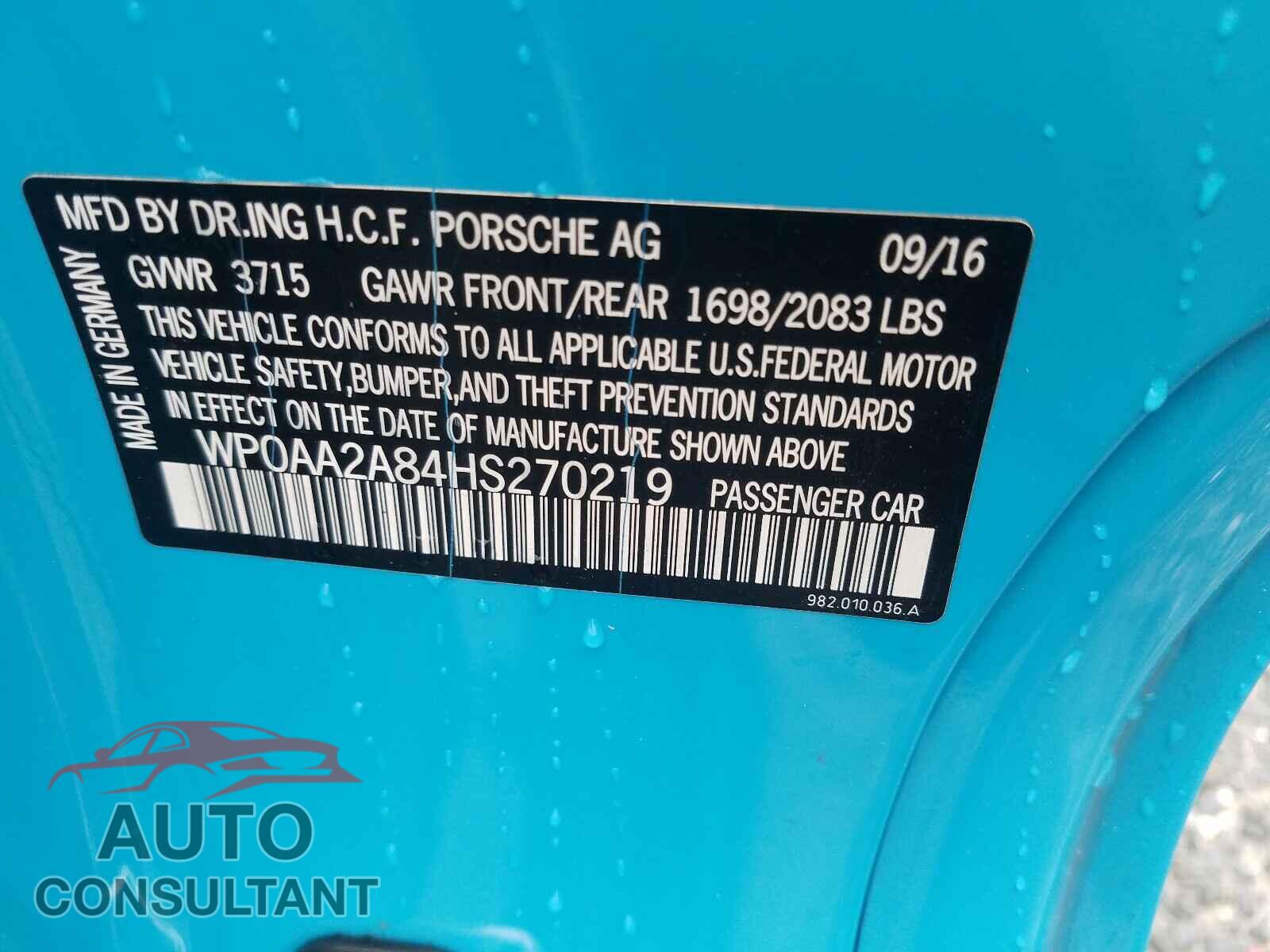 PORSCHE CAYMAN 2017 - WP0AA2A84HS270219