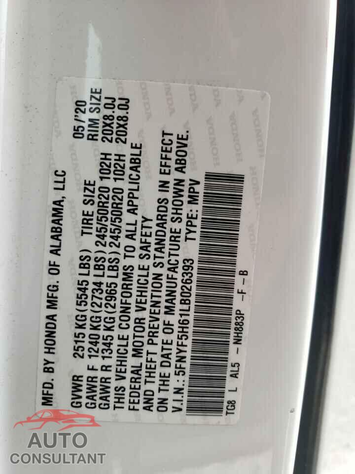 HONDA PILOT 2020 - 5FNYF5H61LB026393
