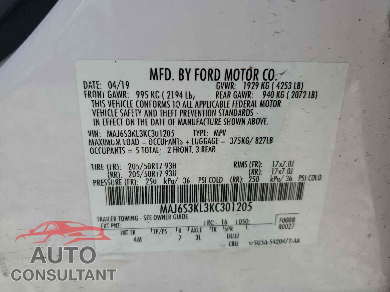 FORD ECOSPORT 2019 - MAJ6S3KL3KC301205