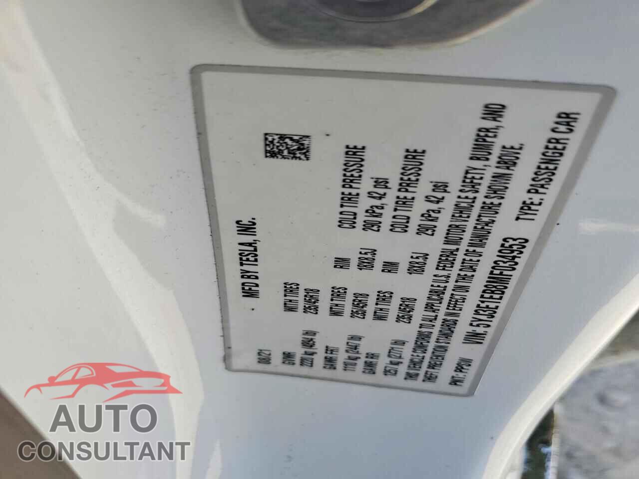 TESLA MODEL 3 2021 - 5YJ3E1EB8MF034953