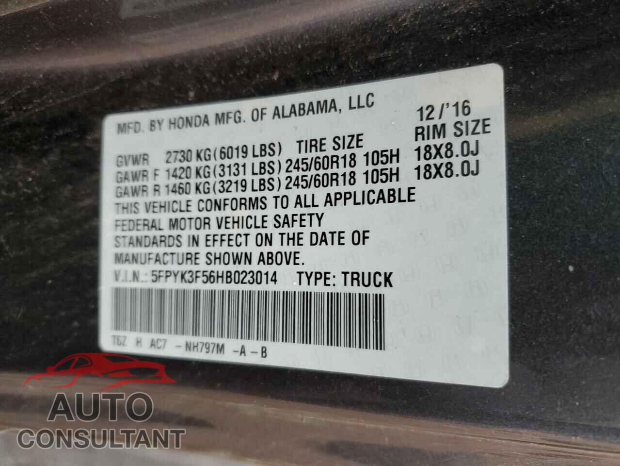 HONDA RIDGELINE 2017 - 5FPYK3F56HB023014