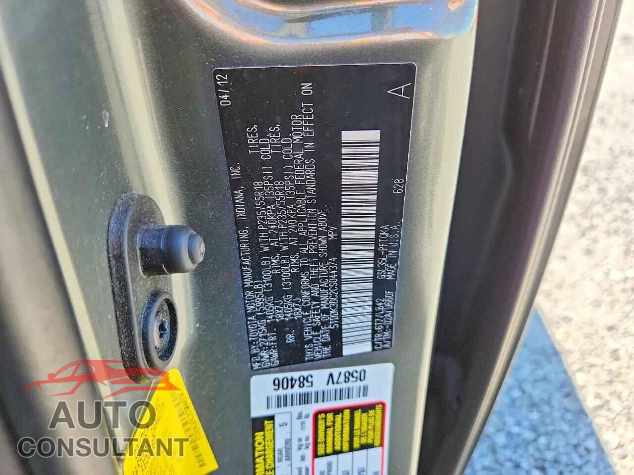 TOYOTA SIENNA 2012 - 5TDDK3DC2CS044374