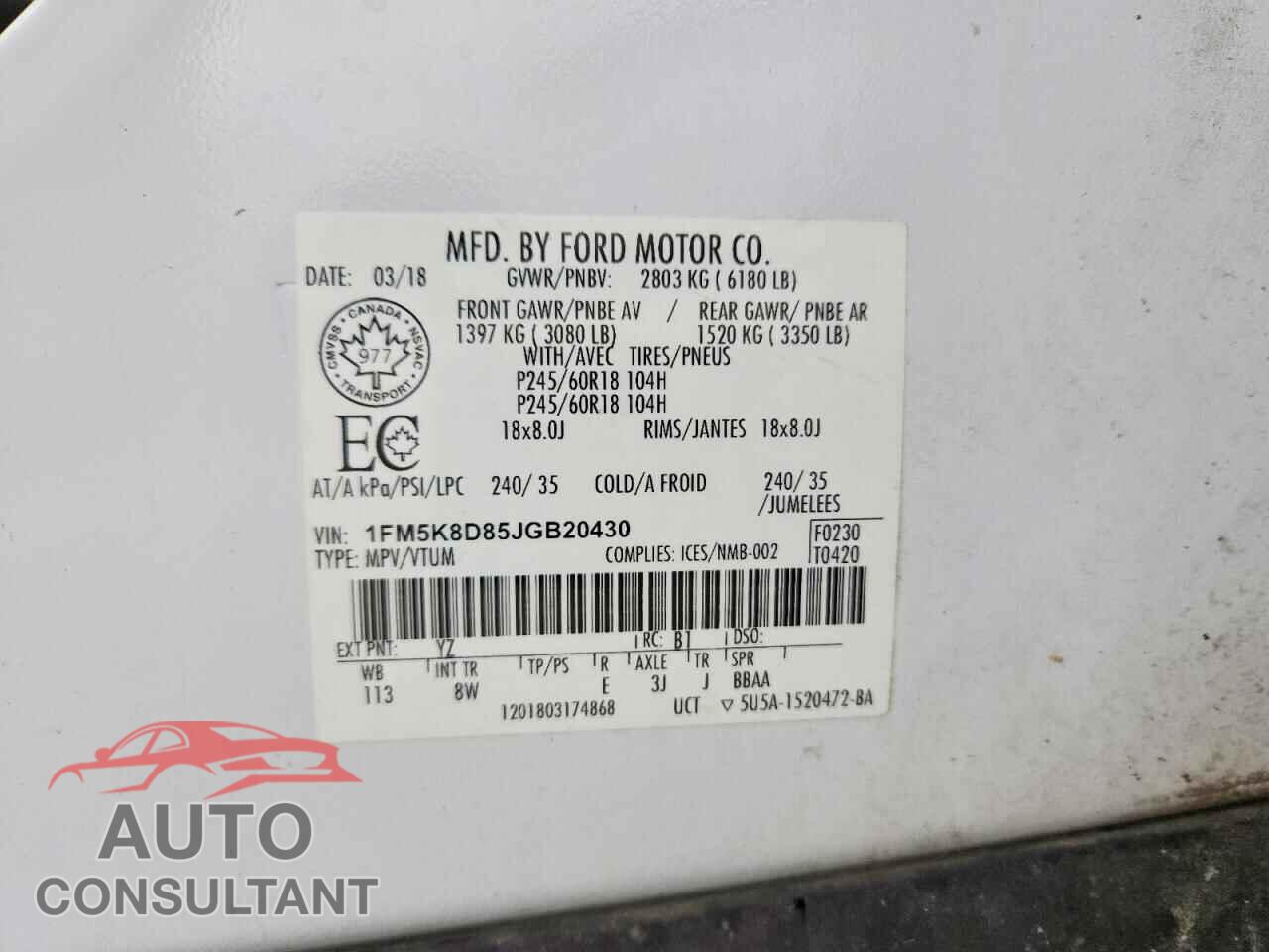 FORD EXPLORER 2018 - 1FM5K8D85JGB20430