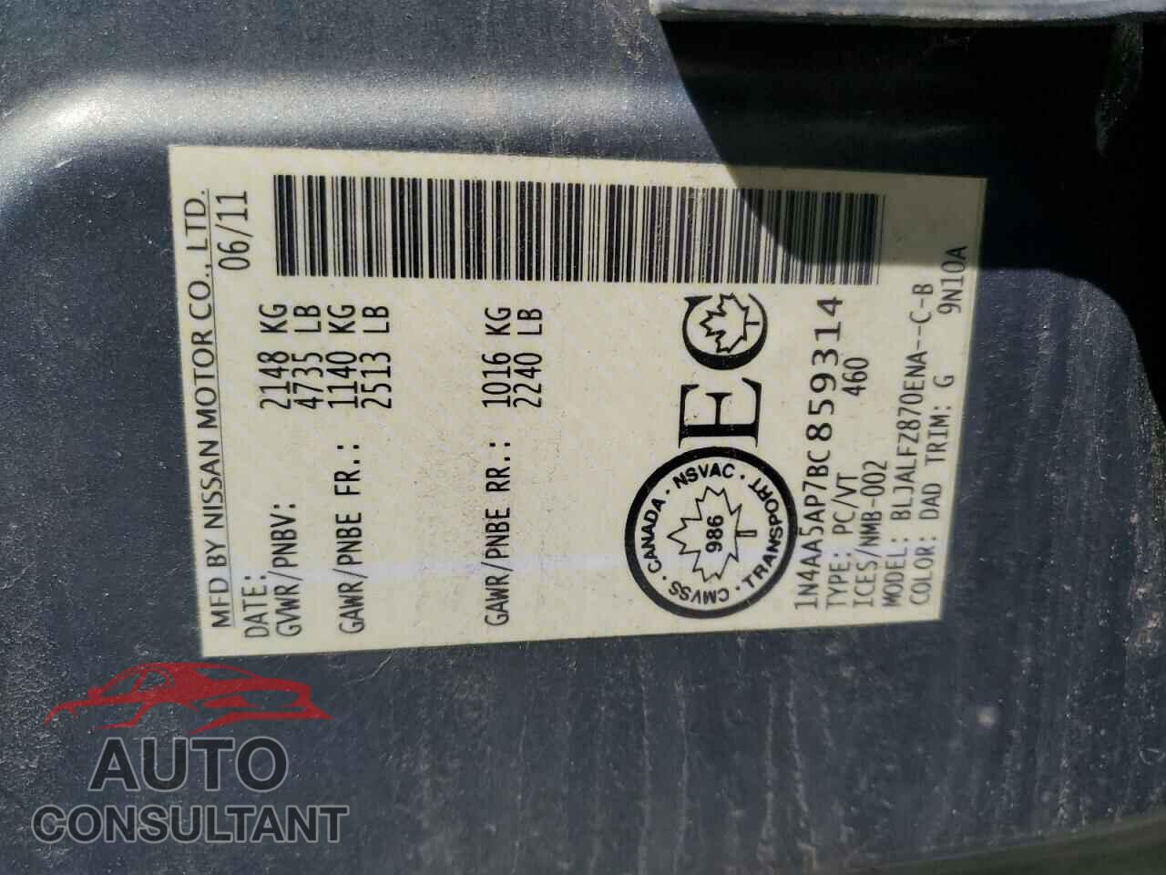 NISSAN MAXIMA 2011 - 1N4AA5AP7BC859314