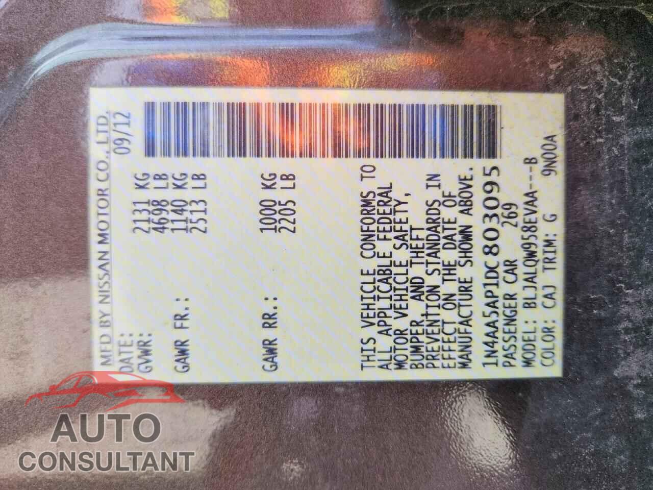 NISSAN MAXIMA 2013 - 1N4AA5AP1DC803095