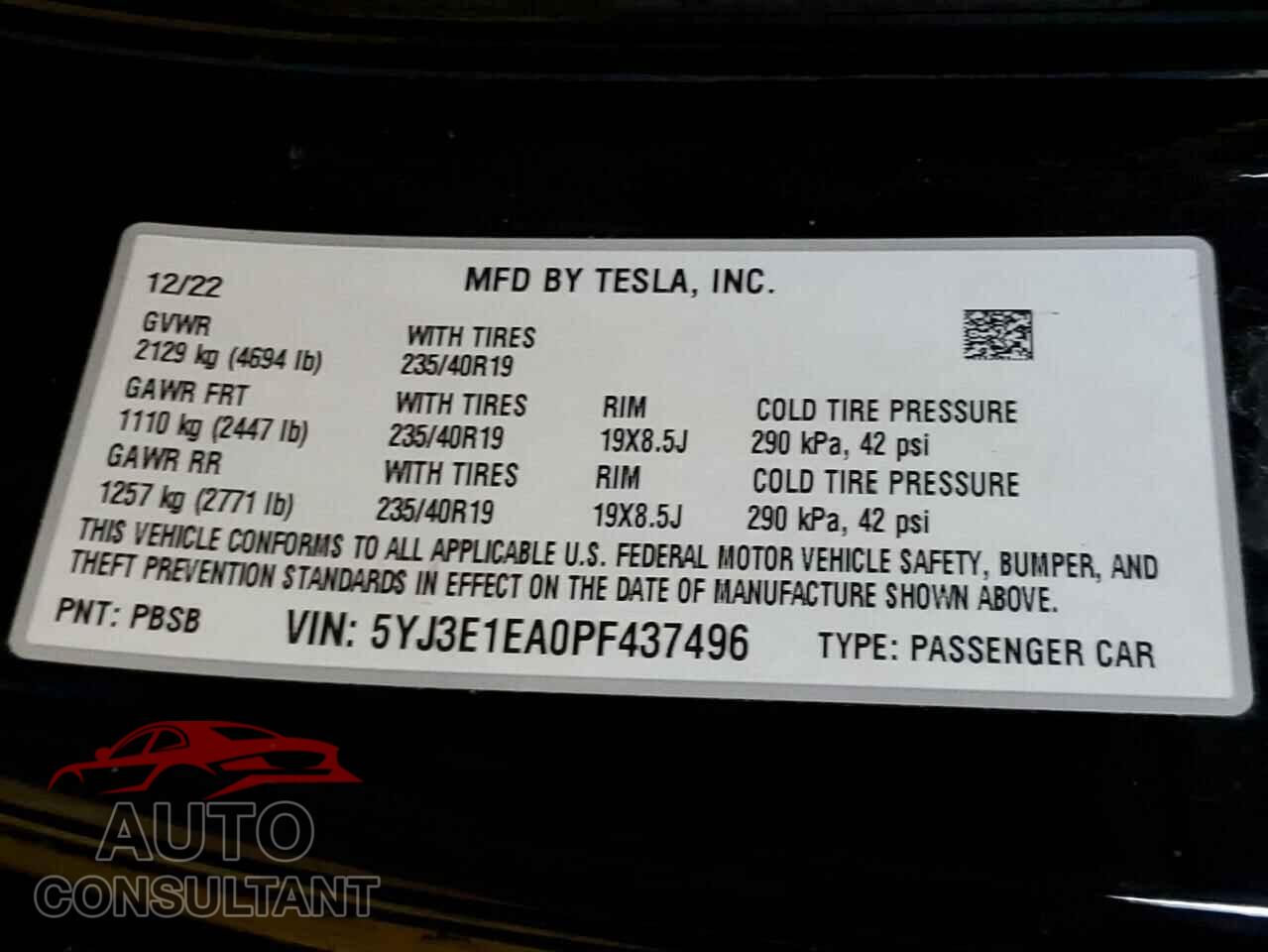 TESLA MODEL 3 2023 - 5YJ3E1EA0PF437496