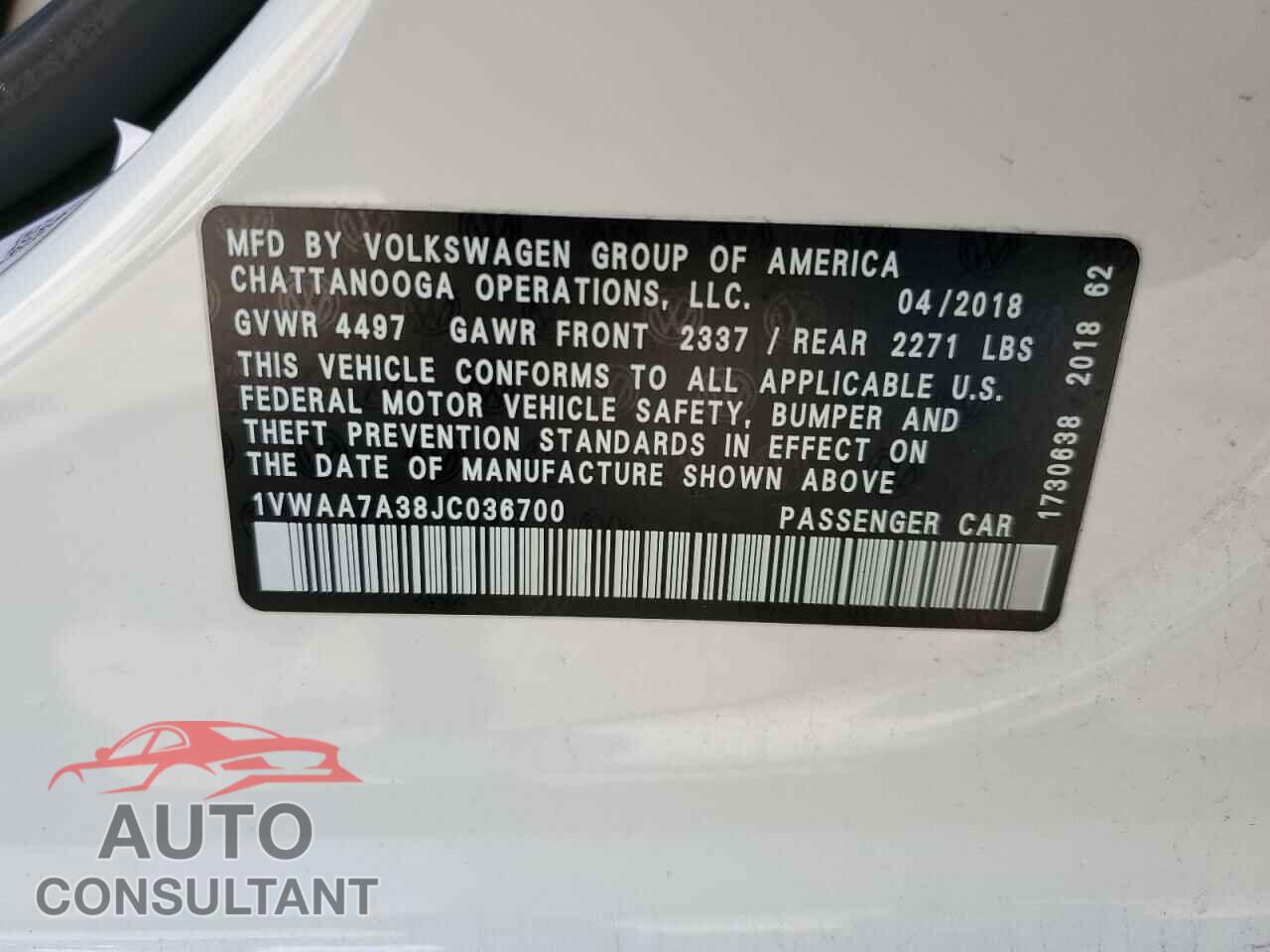 VOLKSWAGEN PASSAT 2018 - 1VWAA7A38JC036700