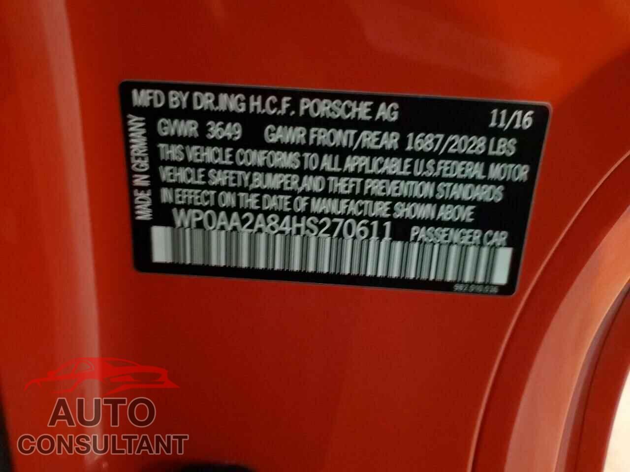 PORSCHE CAYMAN 2017 - WP0AA2A84HS270611