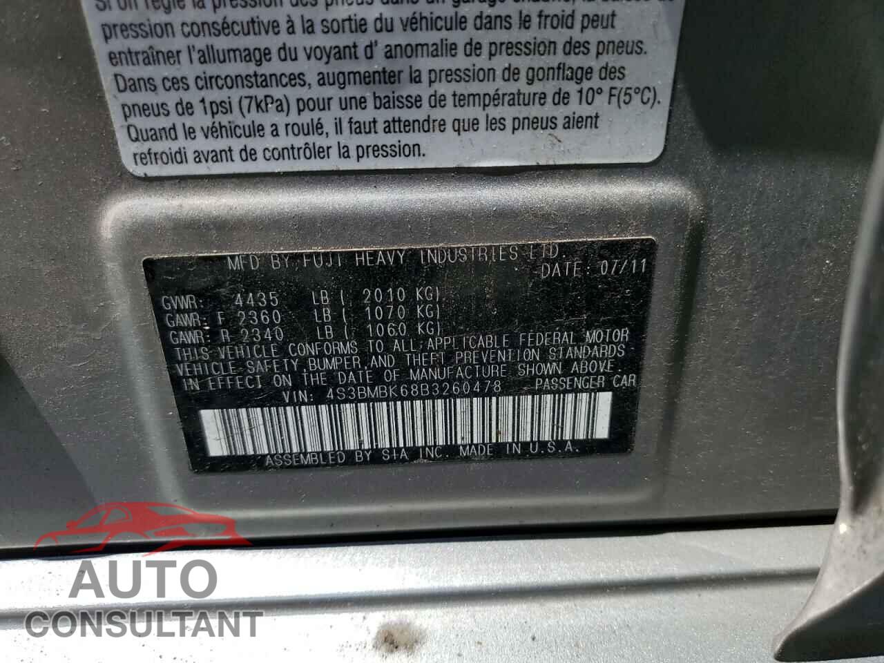 SUBARU LEGACY 2011 - 4S3BMBK68B3260478