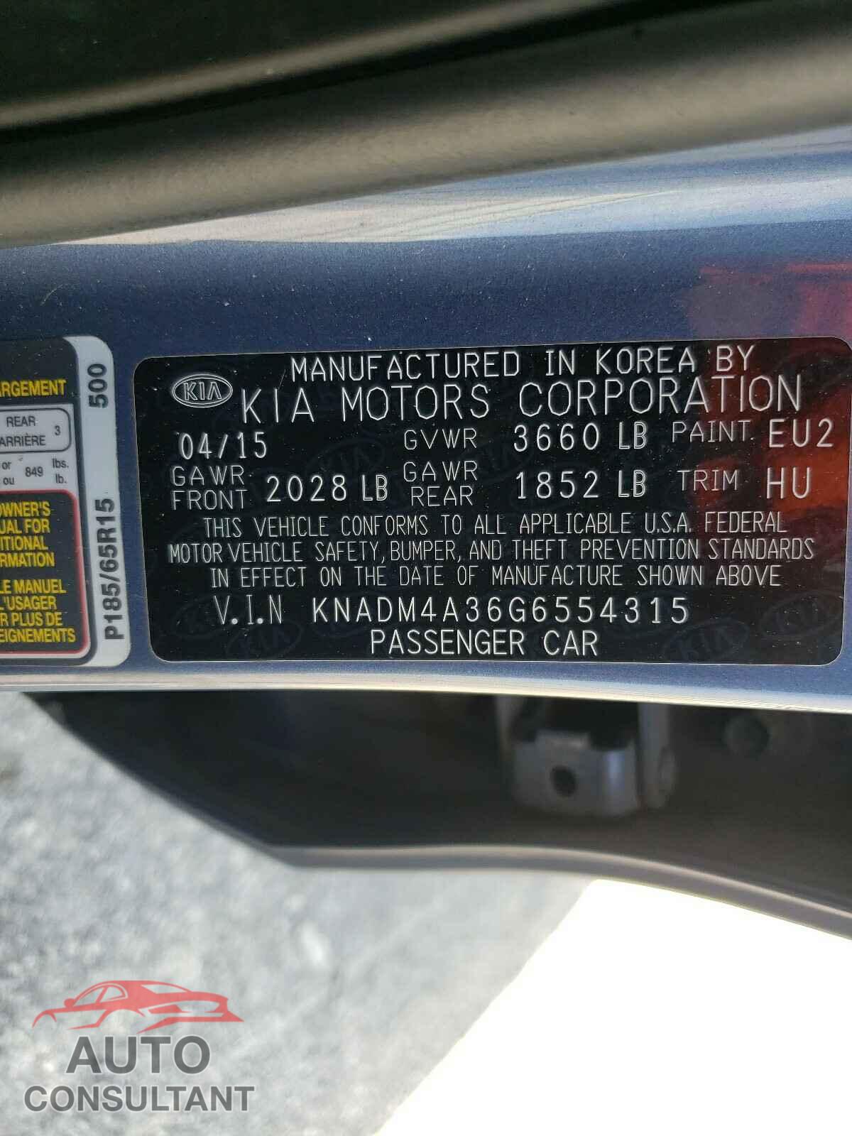 KIA RIO 2016 - KNADM4A36G6554315