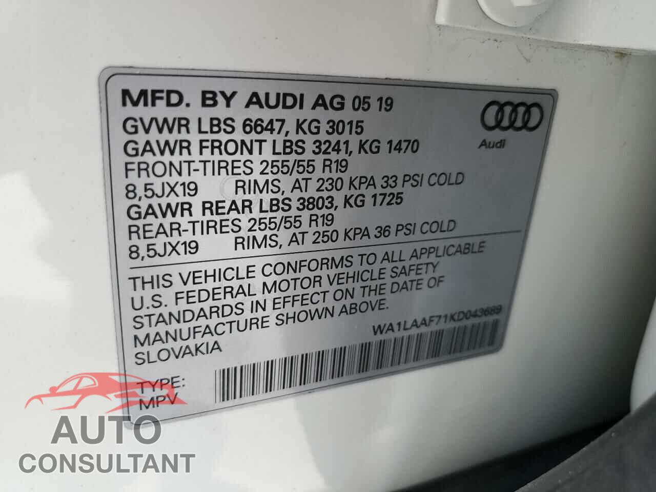 AUDI Q7 2019 - WA1LAAF71KD043689
