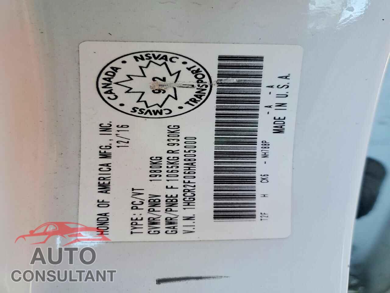 HONDA ACCORD 2017 - 1HGCR2F06HA805000