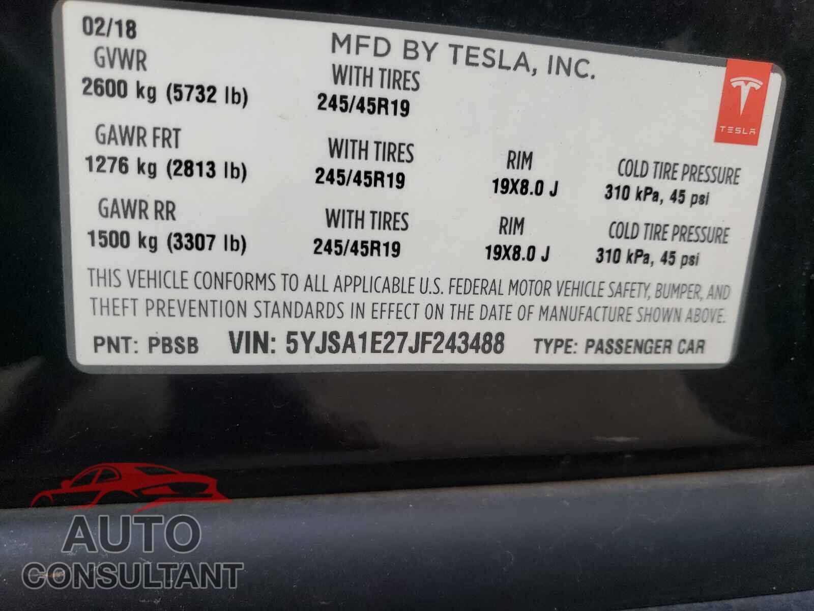 TESLA MODEL S 2018 - 5YJSA1E27JF243488