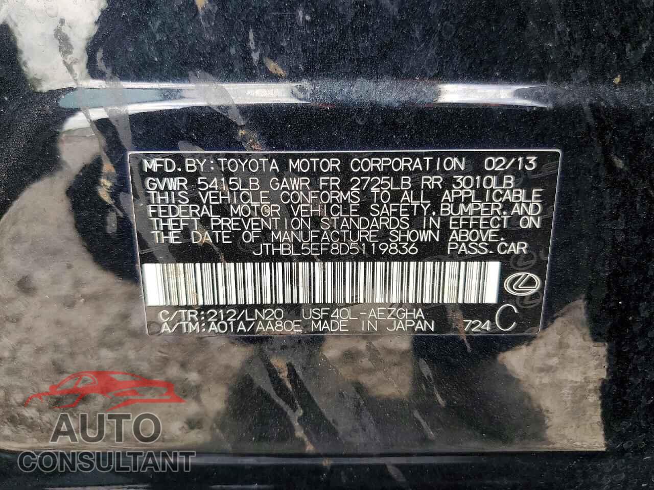 LEXUS LS460 2013 - JTHBL5EF8D5119836