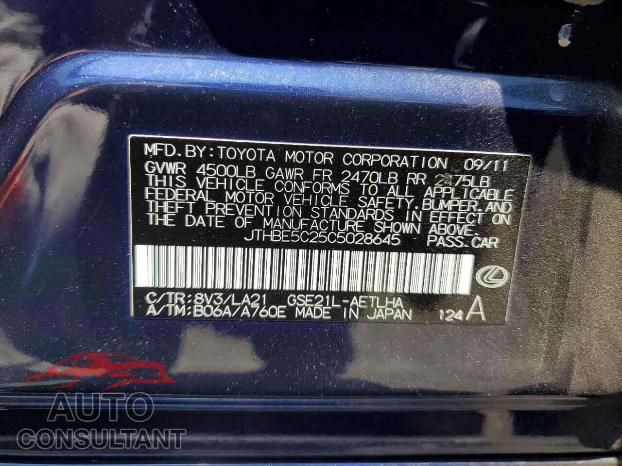LEXUS IS 2012 - JTHBE5C25C5028645