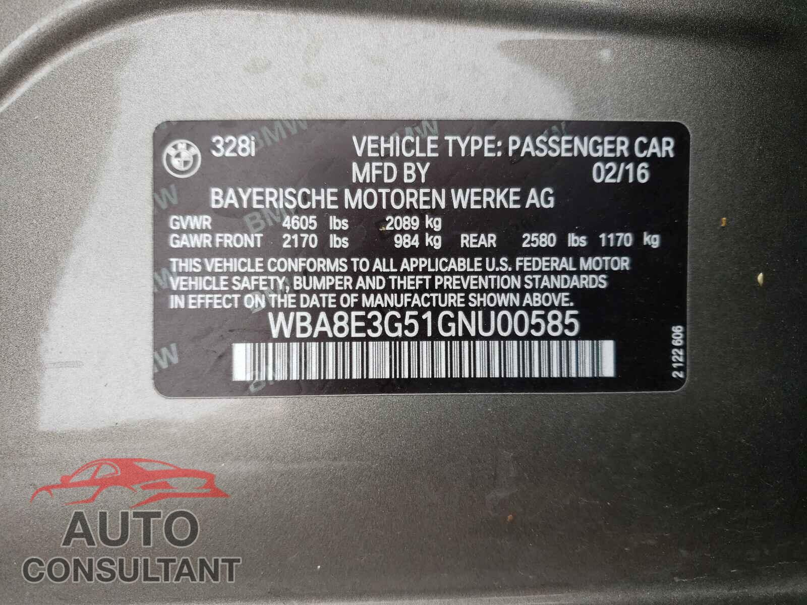 BMW 3 SERIES 2016 - WBA8E3G51GNU00585