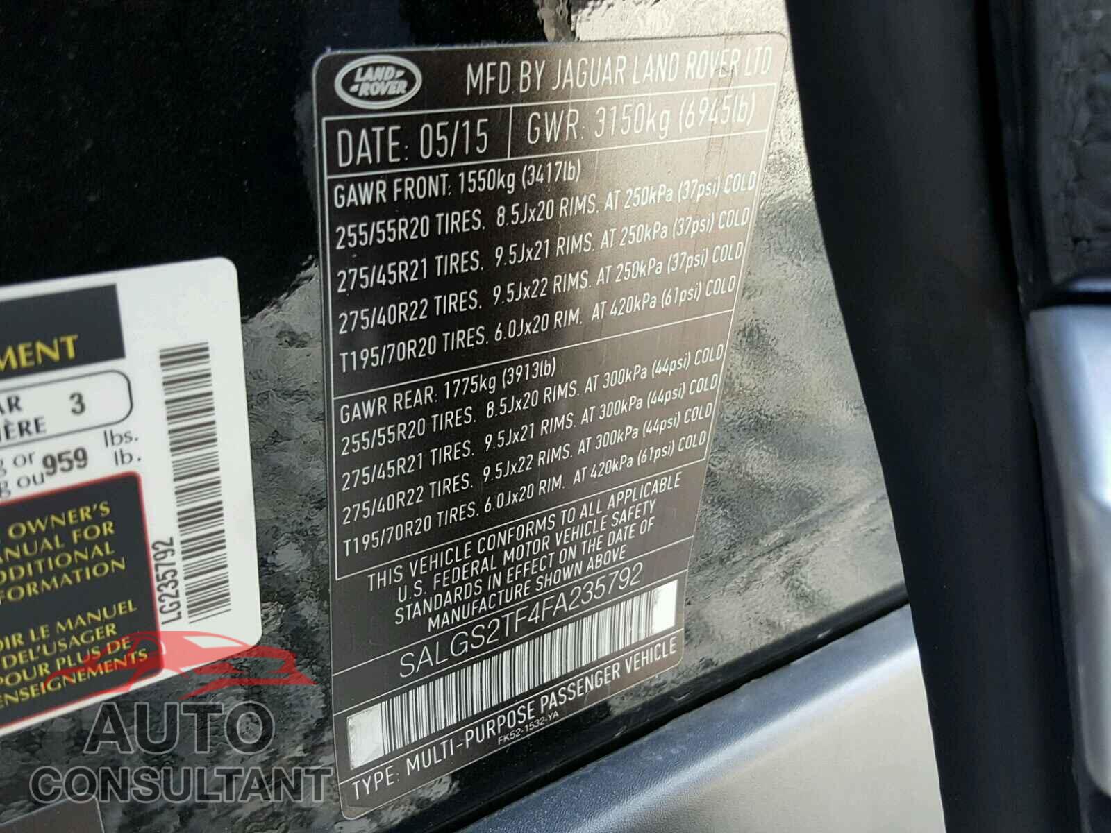 LAND ROVER RANGE ROVE 2015 - SALGS2TF4FA235792