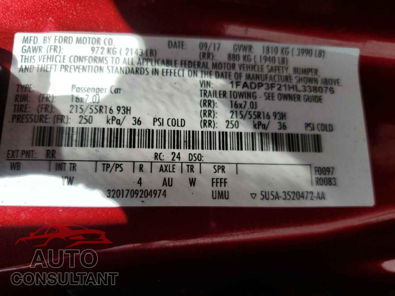 FORD FOCUS 2017 - 1FADP3F21HL338076