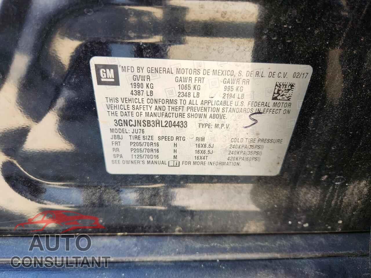 CHEVROLET TRAX 2017 - 3GNCJNSB3HL204433
