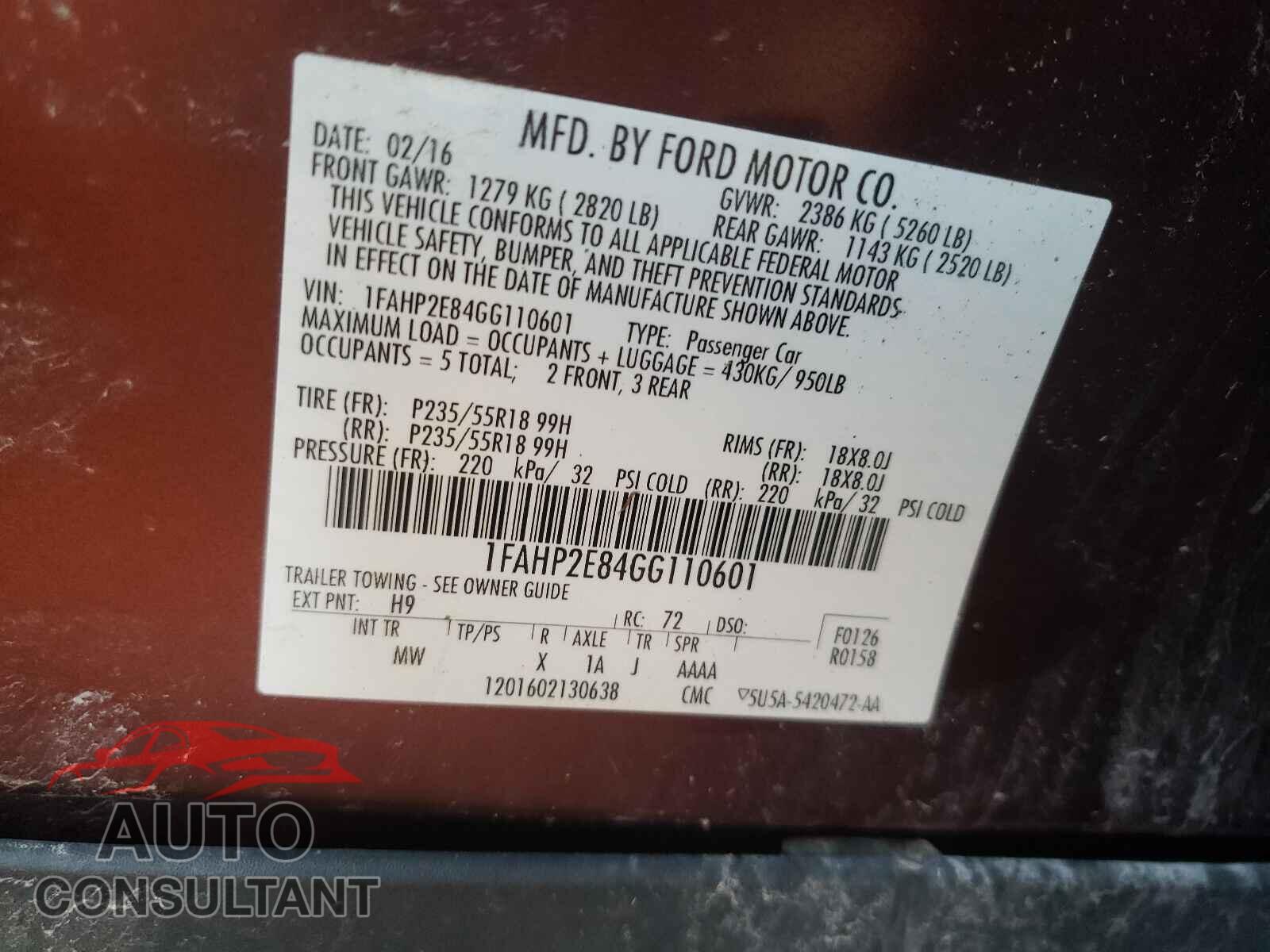 FORD TAURUS 2016 - 1FAHP2E84GG110601