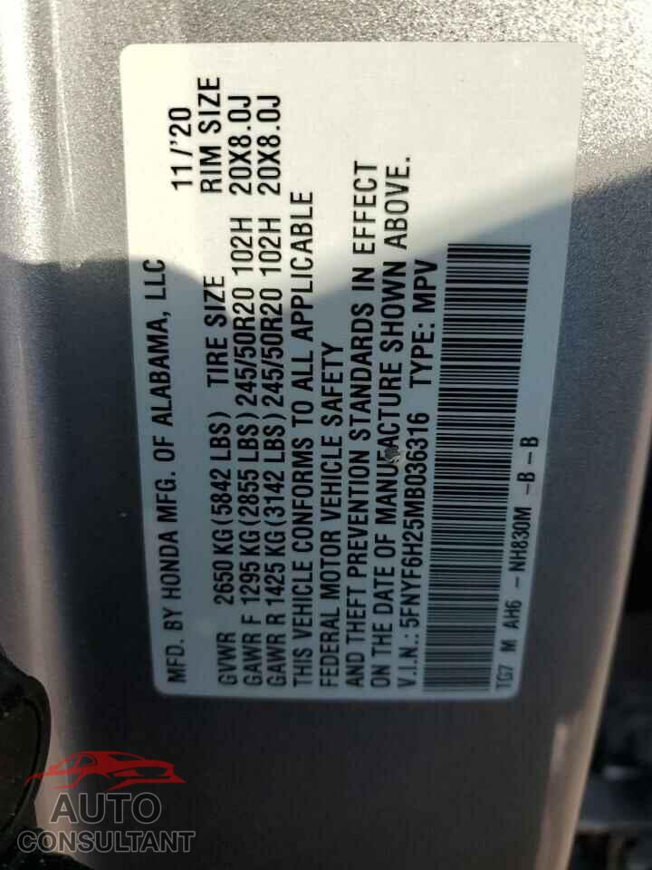 HONDA PILOT 2021 - 5FNYF6H25MB036316