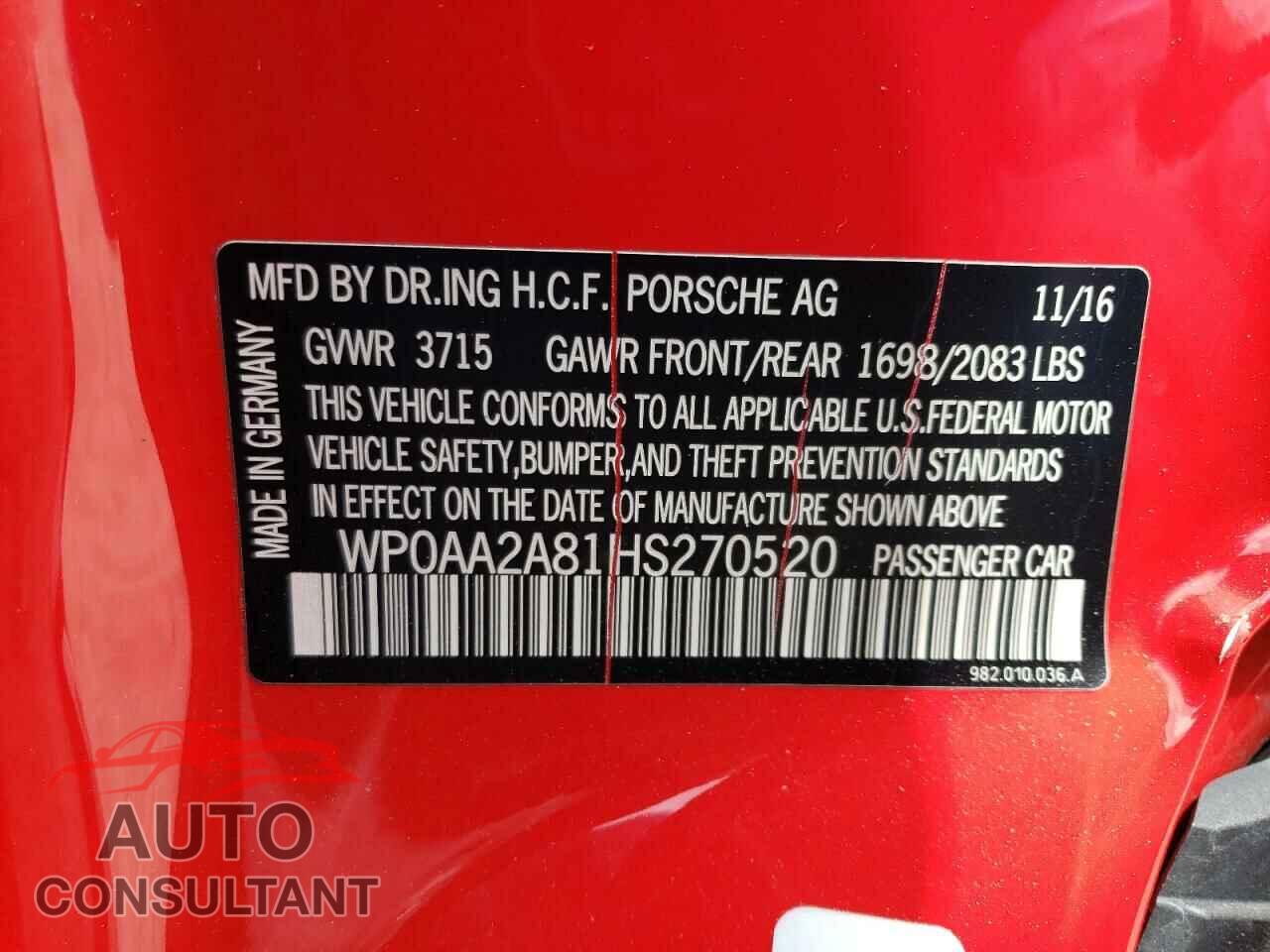 PORSCHE CAYMAN 2017 - WP0AA2A81HS270520
