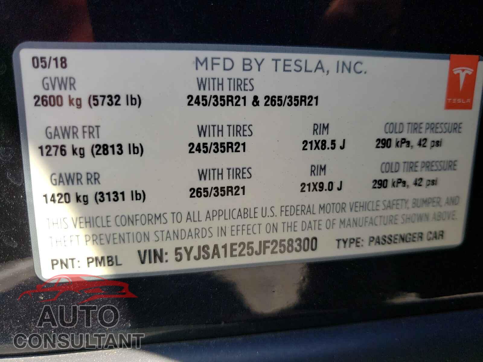 TESLA MODEL S 2018 - 5YJSA1E25JF258300