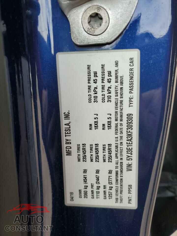 TESLA MODEL 3 2019 - 5YJ3E1EA3KF309309