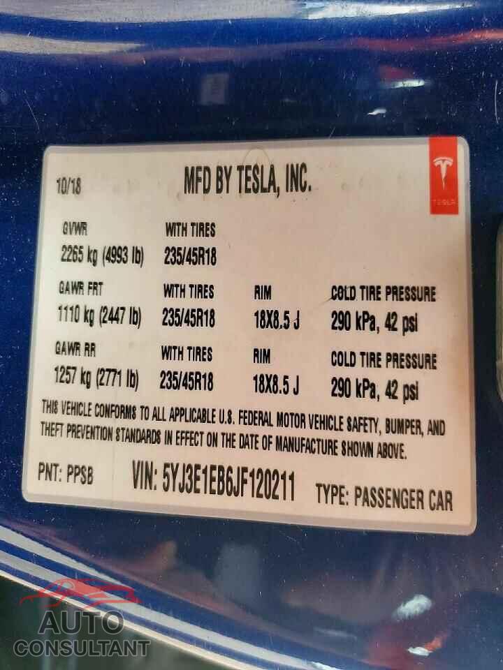 TESLA MODEL 3 2018 - 5YJ3E1EB6JF120211
