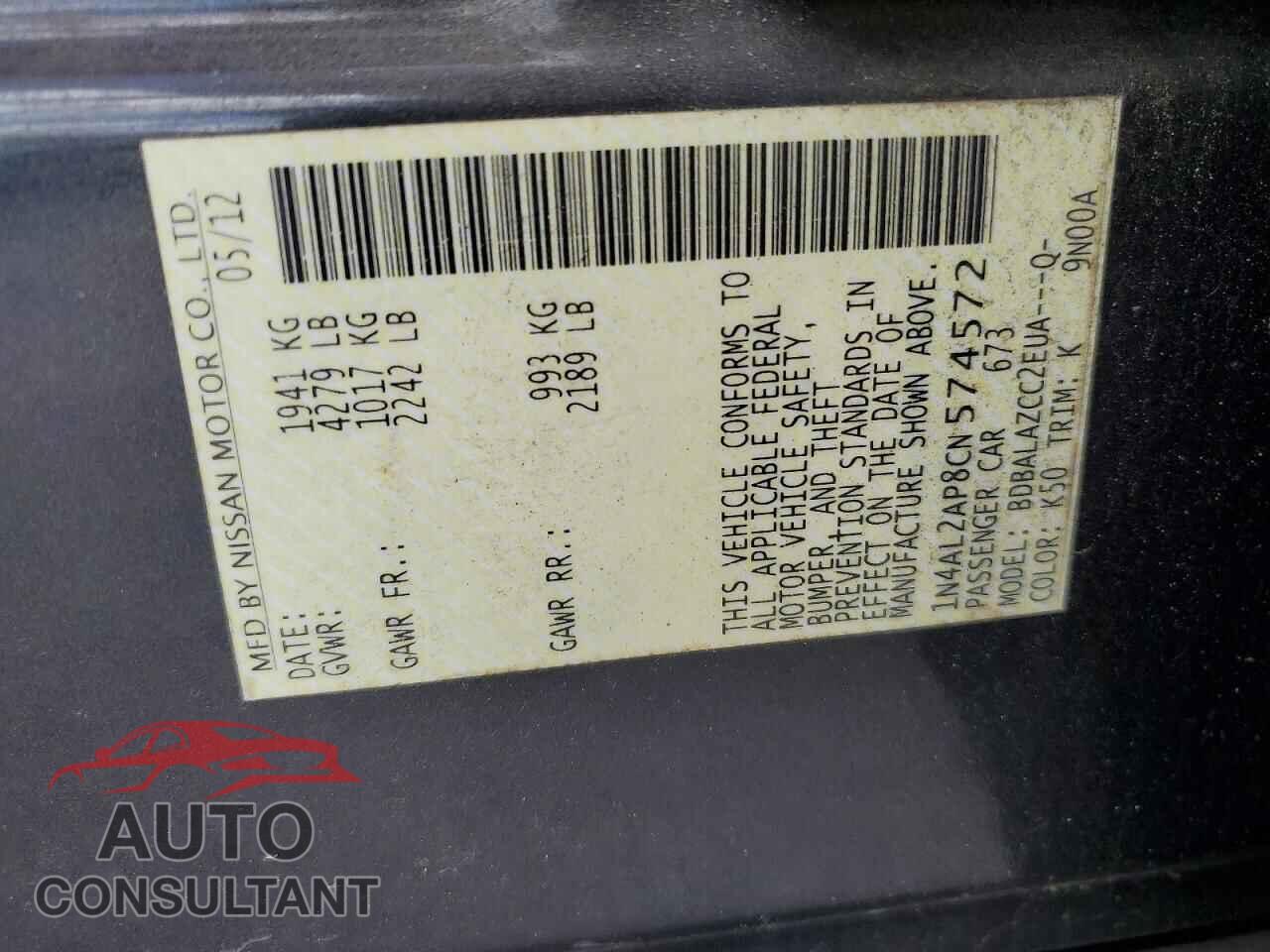 NISSAN ALTIMA 2012 - 1N4AL2AP8CN574572