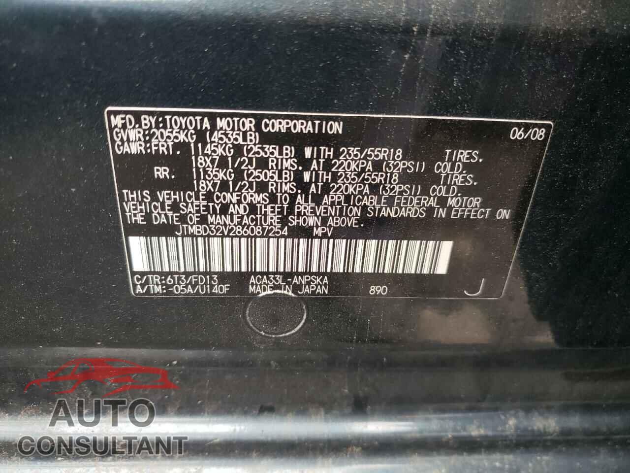 TOYOTA RAV4 2008 - JTMBD32V286087254
