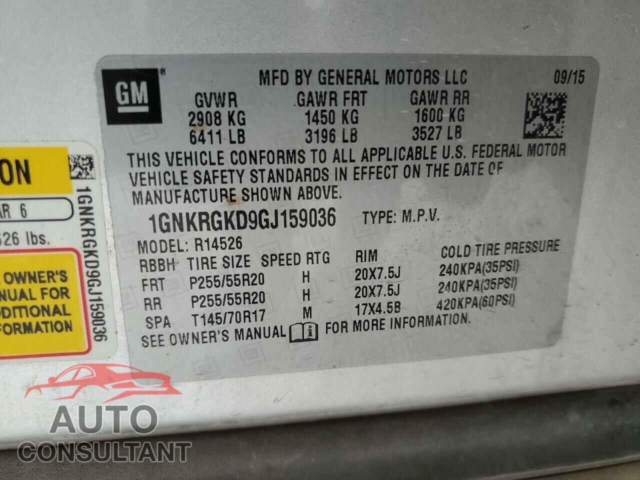 CHEVROLET TRAVERSE 2016 - 1GNKRGKD9GJ159036