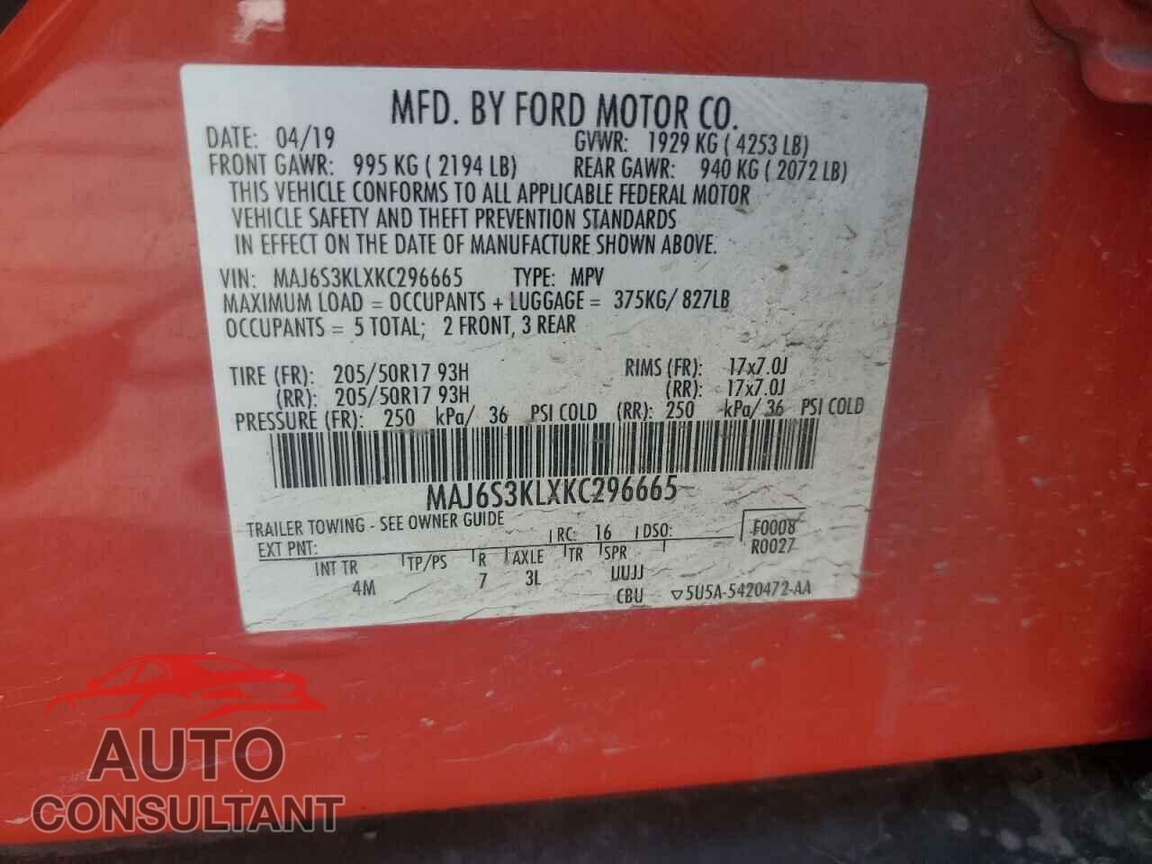 FORD ECOSPORT 2019 - MAJ6S3KLXKC296665