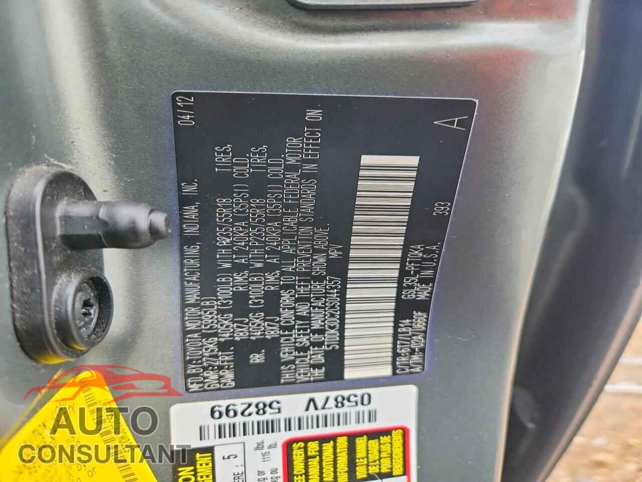 TOYOTA SIENNA 2012 - 5TDDK3DC2CS044357