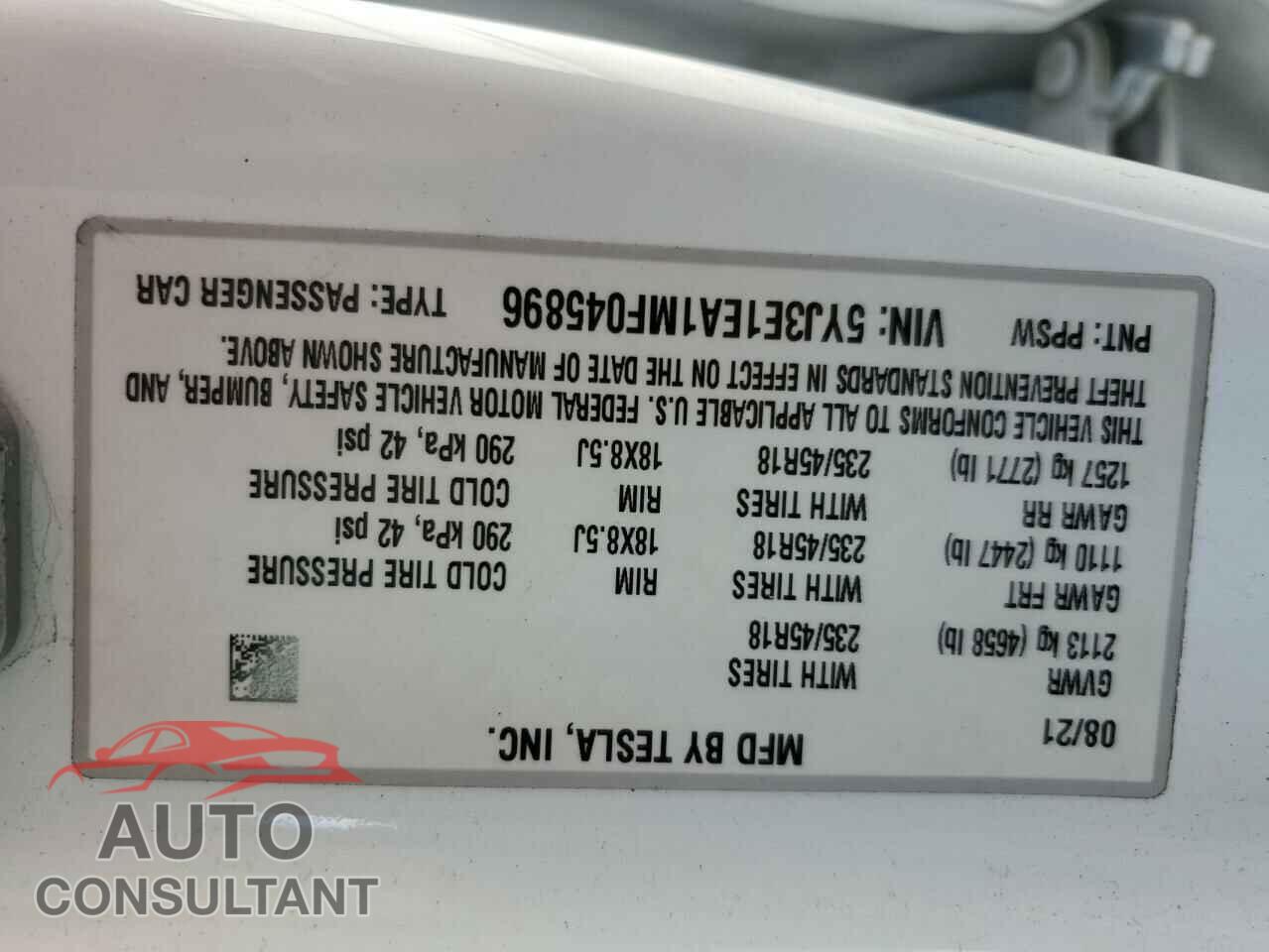 TESLA MODEL 3 2021 - 5YJ3E1EA1MF045896