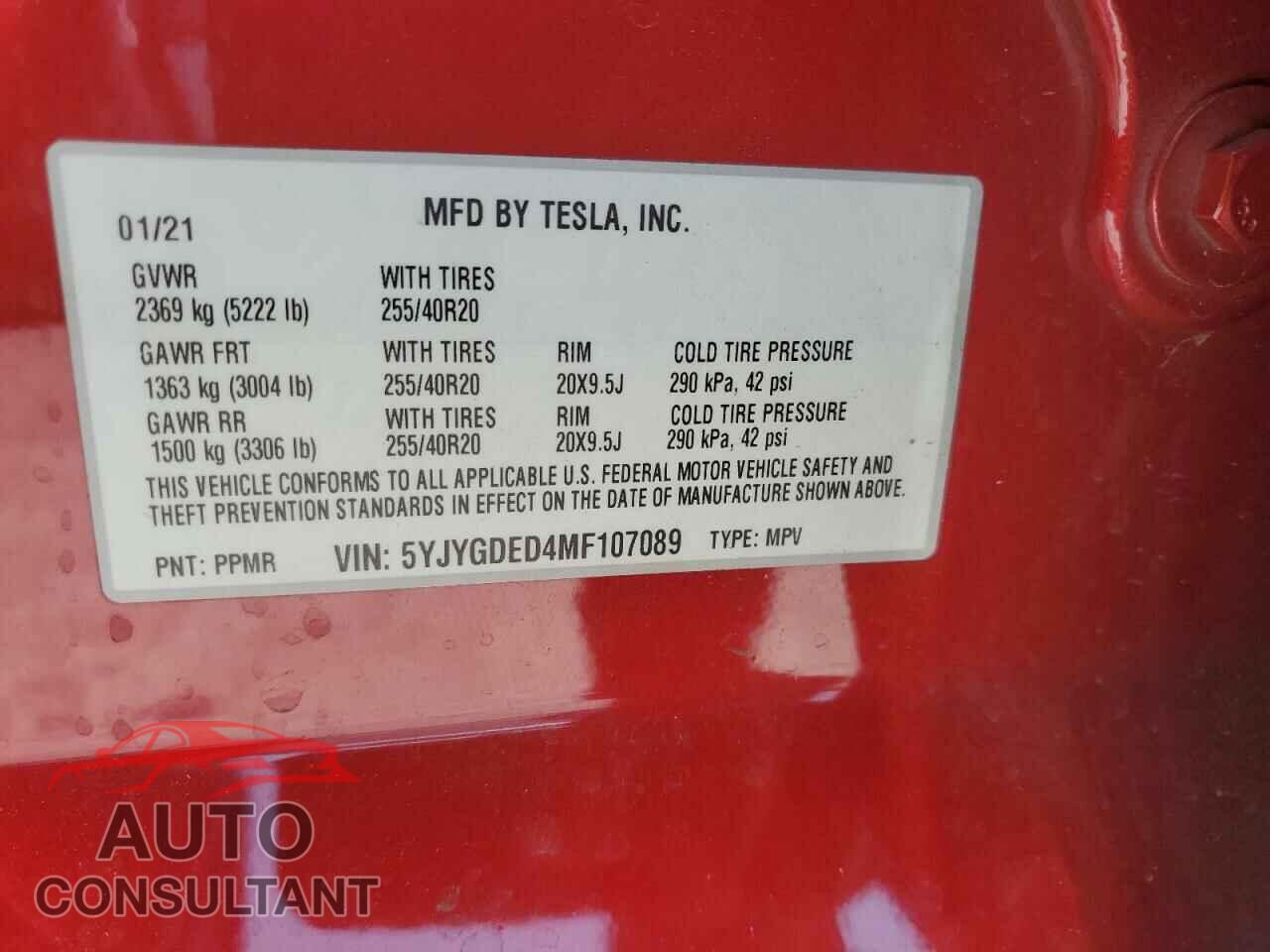 TESLA MODEL Y 2021 - 5YJYGDED4MF107089