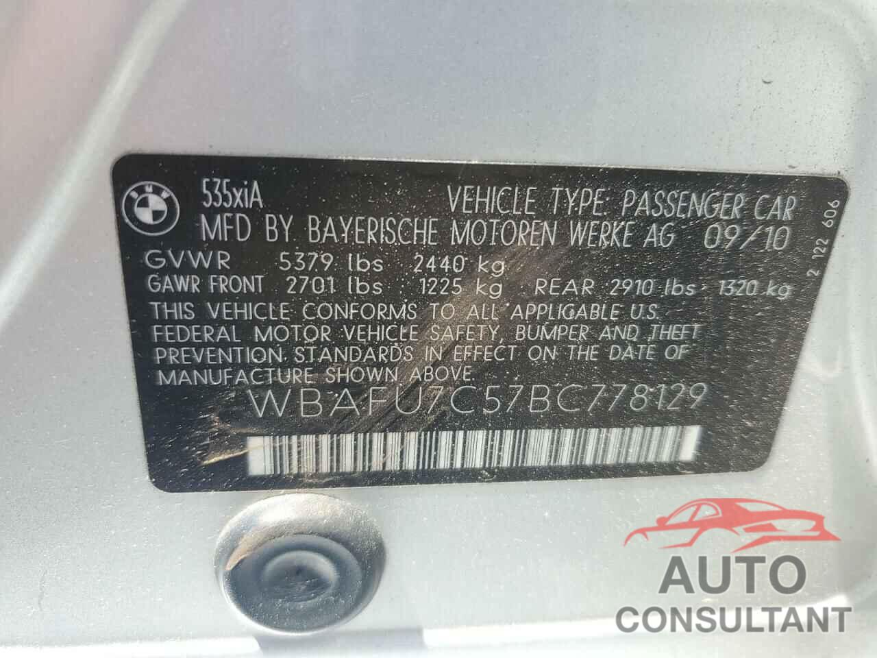 BMW 5 SERIES 2011 - WBAFU7C57BC778129