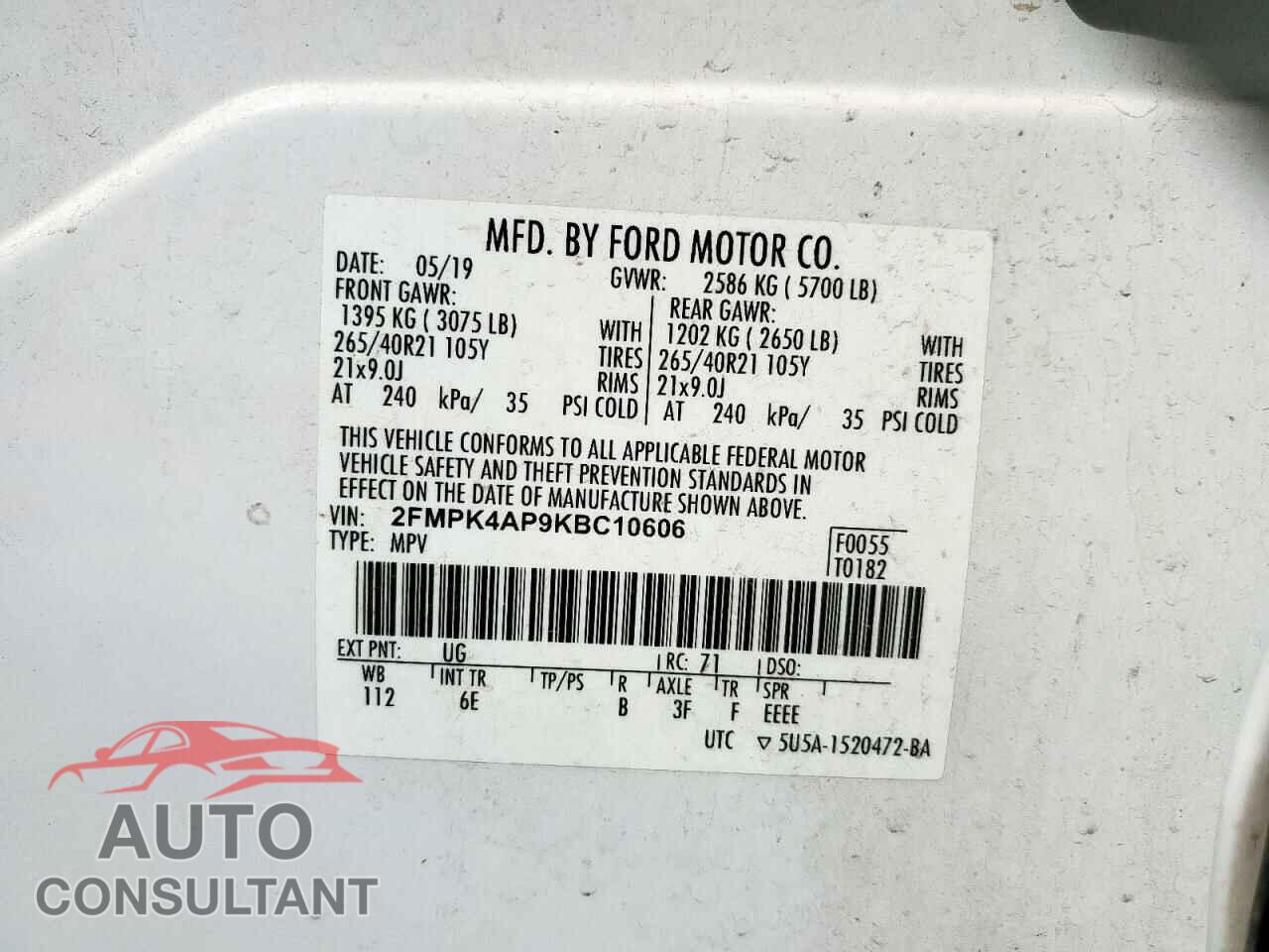 FORD EDGE 2019 - 2FMPK4AP9KBC10606