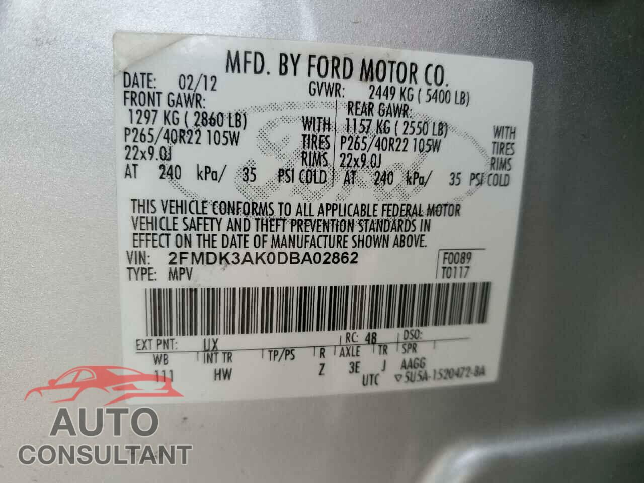 FORD EDGE 2013 - 2FMDK3AK0DBA02862