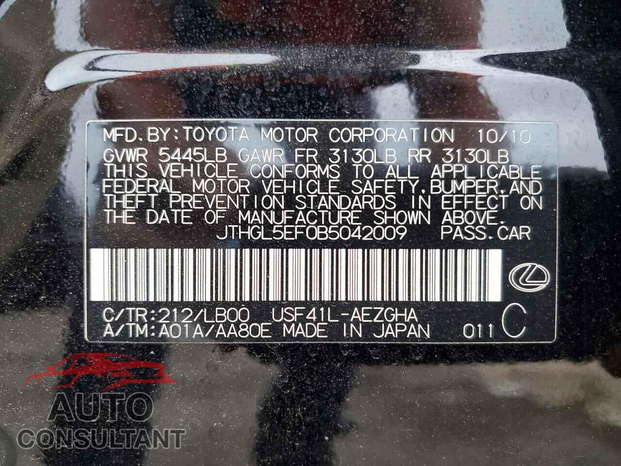 LEXUS LS460 2011 - JTHGL5EF0B5042009