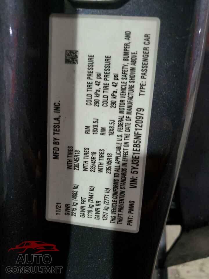 TESLA MODEL 3 2022 - 5YJ3E1EB5NF120979