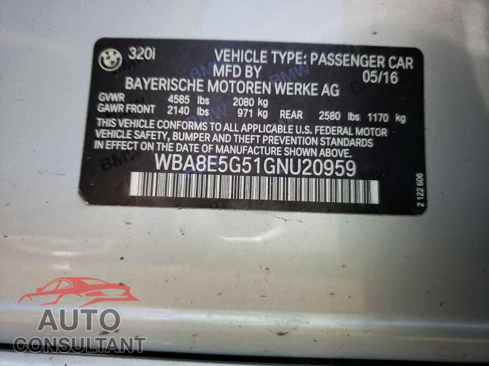 BMW 3 SERIES 2016 - WBA8E5G51GNU20959
