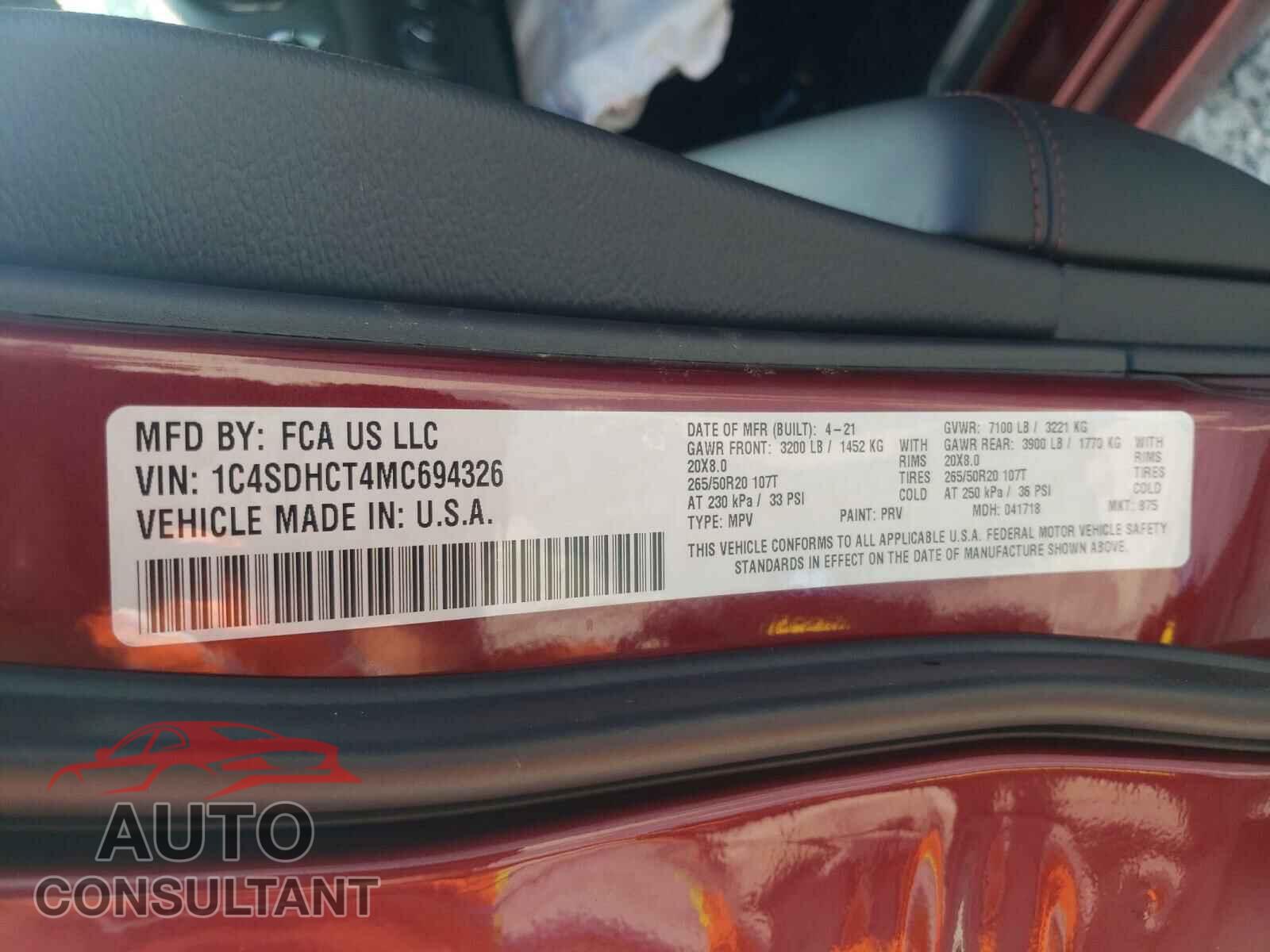 DODGE DURANGO 2021 - 1C4SDHCT4MC694326