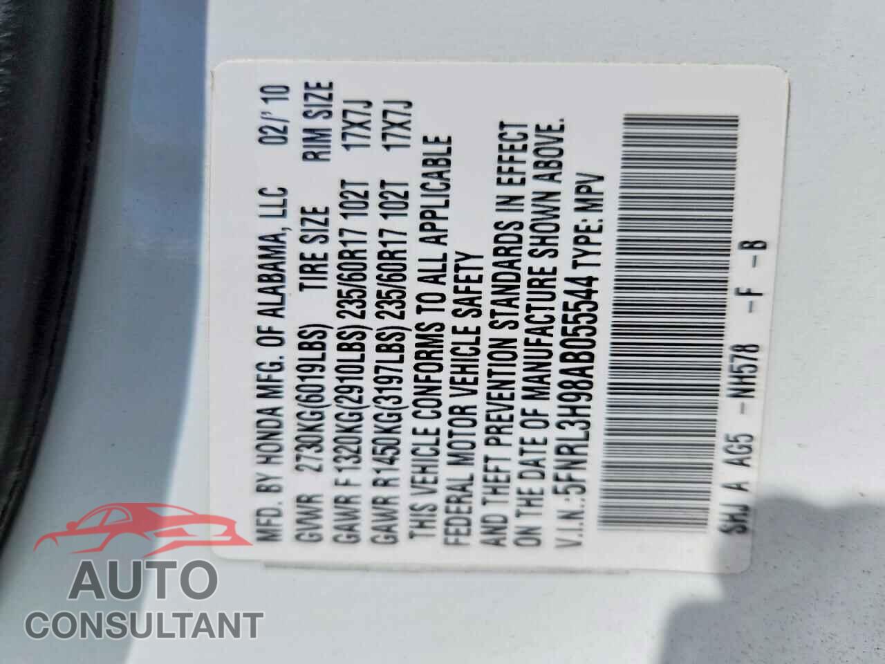 HONDA ODYSSEY 2010 - 5FNRL3H98AB055544