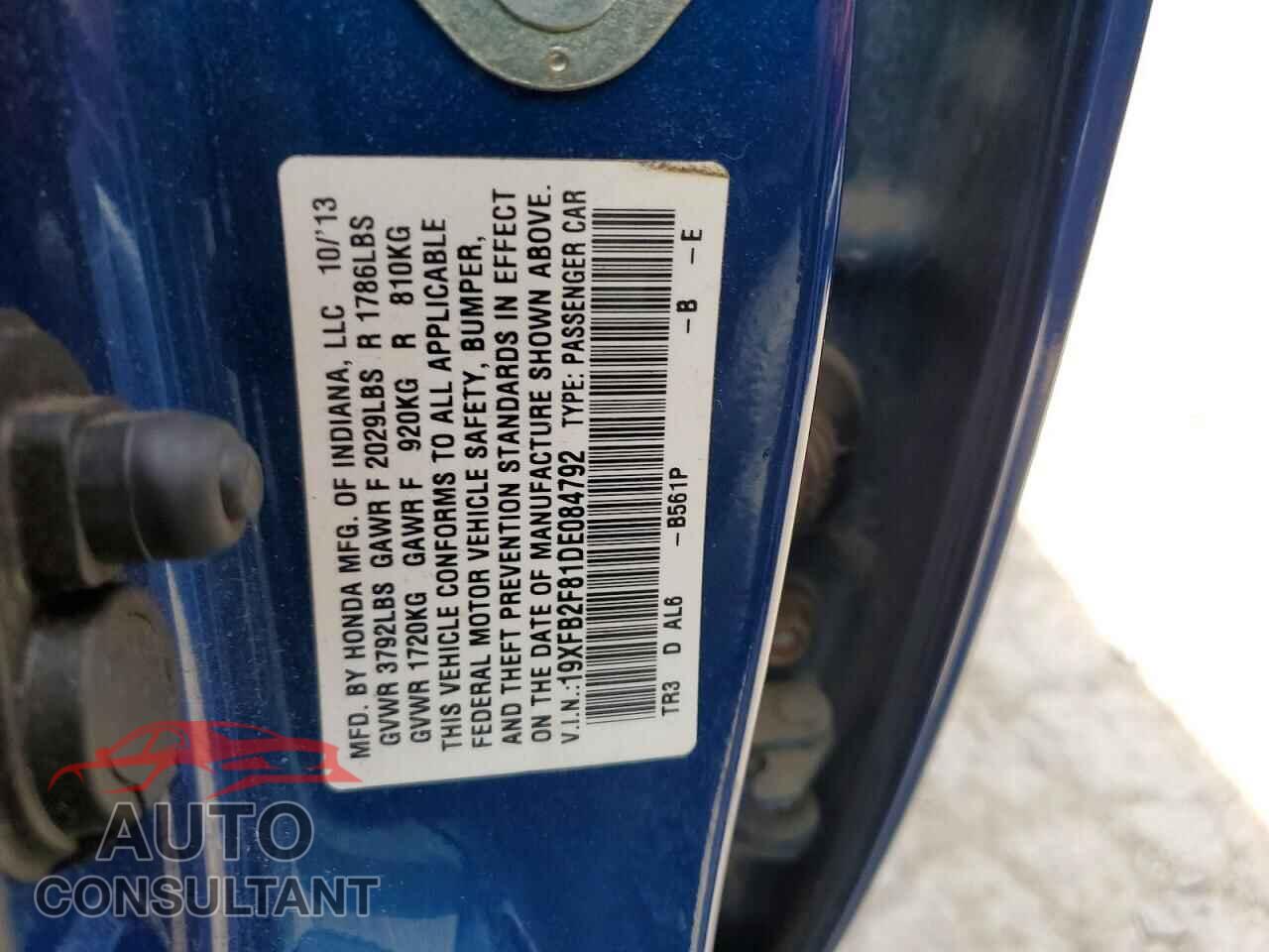 HONDA CIVIC 2013 - 19XFB2F81DE084792
