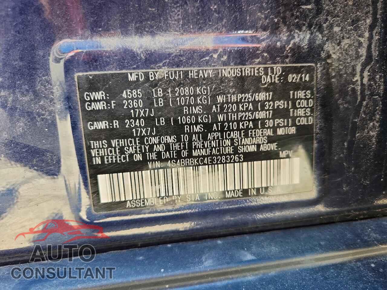 SUBARU OUTBACK 2014 - 4S4BRBKC4E3283263