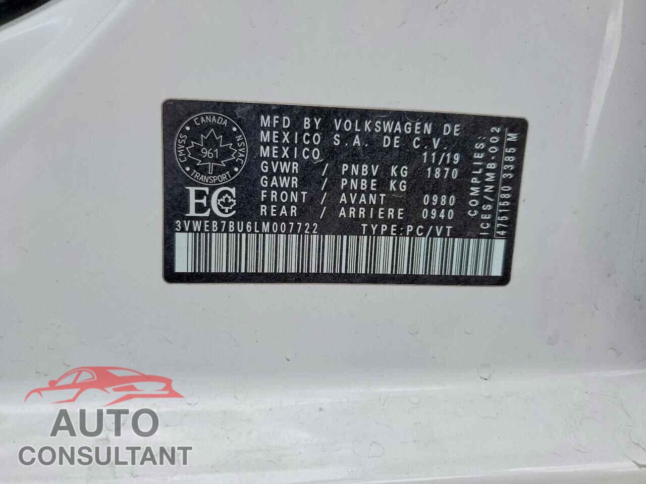 VOLKSWAGEN JETTA 2020 - 3VWEB7BU6LM007722