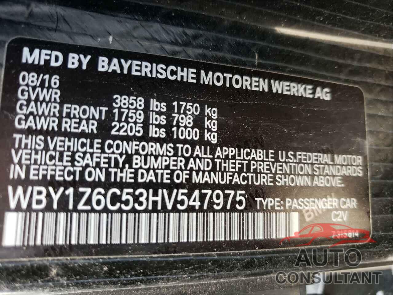 BMW I SERIES 2017 - WBY1Z6C53HV547975